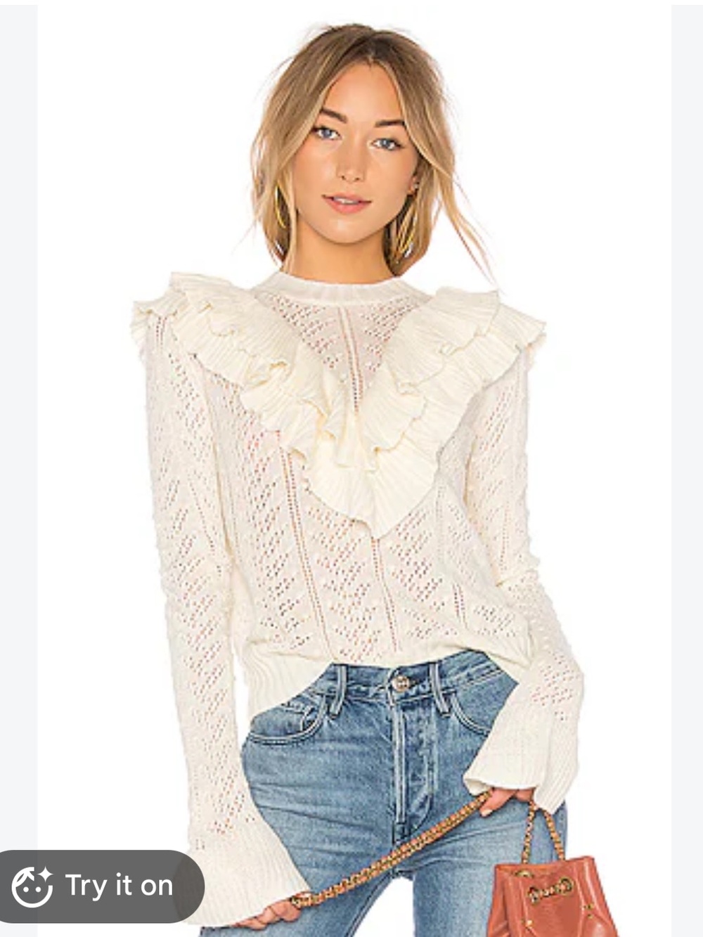 Tularosa Manny Cream Ruffled Cable Knit Pointelle Wool Blend Sweater Small